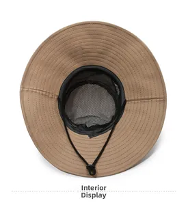 Detail of khaki sun hat with breathable black mesh lining and adjustable chin cord