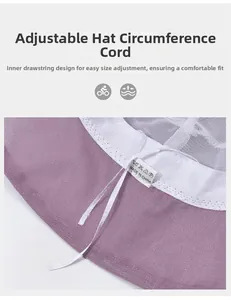 Detail of purple sun hat showing inner mesh lining and adjustable sizing drawstring