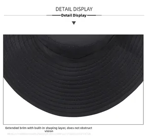 Detail of outdoor sun hat featuring an extended brim and built-in shaping structure