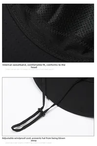 Close-up of wide brim hiking hat featuring breathable sweatband and adjustable chin strap