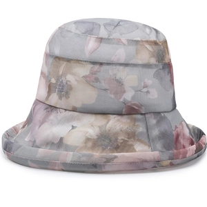 Women's floral chiffon sun hat with elegant watercolor print and wide rolled brim