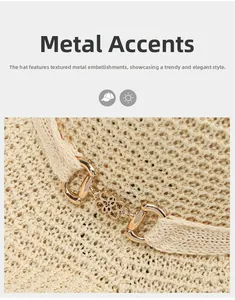 Detailed macro view of woven straw texture and stylish gold metal buckle decoration