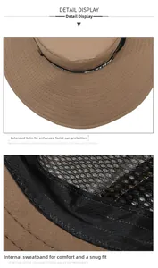Detail of brown sun hat featuring a wide brim with mesh lining and a sweatband