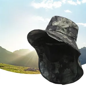 Detail of camouflage fishing hat with breathable mesh and integrated neck protection cover