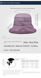 Detailed size guide for the adjustable purple floral cotton sun hat for women