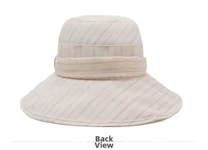 Detailed back view of women's wide brim sun hat with beige woven texture and decorative band