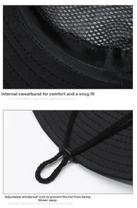 Detail of outdoor sun hat featuring sweatband, mesh lining, and adjustable chin strap