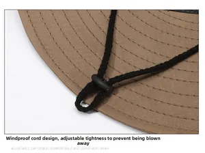 Detail of outdoor sun hat with durable fabric, stitching, and adjustable chin strap cord