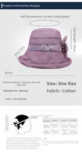 Guide des tailles pour chapeau de soleil avec bord de 9cm et tour de tête réglable 56-60cm
