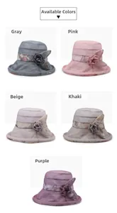 Détails de chapeaux d'été élégants avec ruban floral en gris, rose, beige, kaki et violet