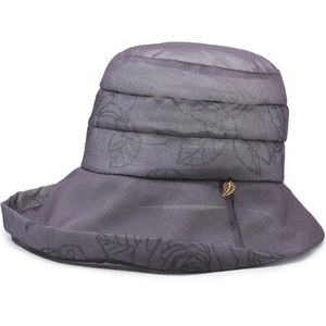 Women's UV protection wide-brim sun hat featuring purple floral texture and leaf pendant