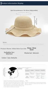 Size guide for women's knit sun hat showing adjustable 56-60cm circumference and brim dimensions