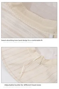 Detail of light beige sun hat showing the sweatband and adjustable drawstring feature
