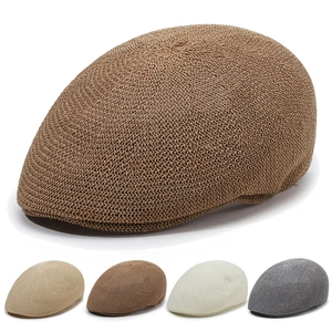 Breathable mesh straw beret flat cap showing brown, khaki, white, and grey color options