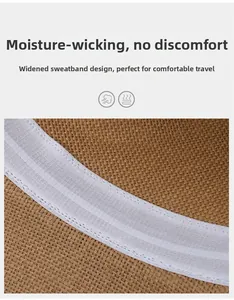 Detail of the woven straw hat featuring a wide moisture-wicking white sweatband inside