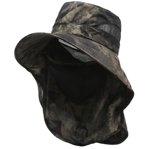 Tiger camo fishing hat with wide brim, breathable face mask and neck protection cover