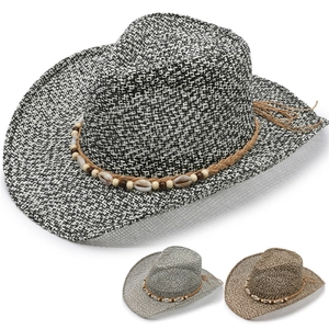 Western Cowboy Straw Hat For Men Women Sun Protection Beach Fedora With Shell Wood Beads Bohemian Woven Summer Outdoor Vacation Accessory