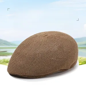 Close-up of the breathable brown woven mesh texture on a summer peaked flat cap