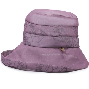 Women's wide brim purple sun hat with leaf pattern and gold leaf charm detail