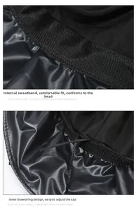 Detail of black sun hat featuring internal sweatband and adjustable drawstring for comfort