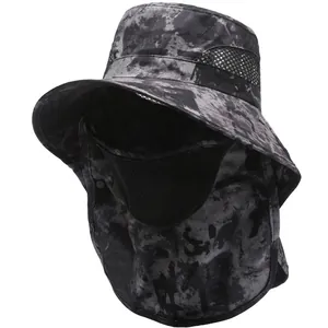 Men's wide brim fishing hat with camouflage sun protection face mask and neck flap