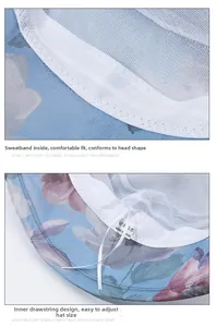 Detail of floral sun hat inner mesh lining, sweatband, and adjustable sizing string