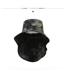 Detail view of breathable mesh vents and long neck flap on a camo fishing sun hat