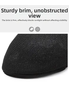 Detail of a firm black woven hat brim that provides sun shade without blocking the view