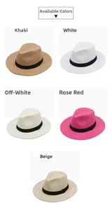 Detailed grid of woven straw fedora hats in khaki, white, cream, magenta and beige colors