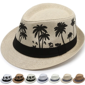 Palm Tree Pattern Straw Fedora Hat Men Summer Beach Sun Protection Jazz Hat Outdoor Casual Vacation Travel Hat Women Accessory