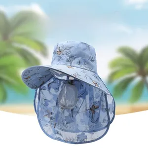 Détail chapeau soleil bleu clair à large bord, masque facial et motifs floraux