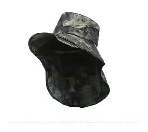Detail view of camouflage fishing hat featuring mesh breathability and neck protection