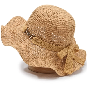 Women's Wide Brim Sun Hat Elegant Polyester Knit Bucket Hat With Bowknot Metal Chain Decoration For Beach Travel Vacation