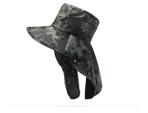 Detail view of the camouflage sun hat showing breathable mesh and neck protection flap