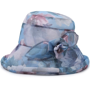 Women's summer floral chiffon sun hat with elegant large flower trim in sky blue