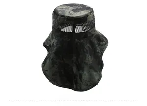 Rear view of camouflage sun hat with wide brim, breathable mesh, and long neck protection