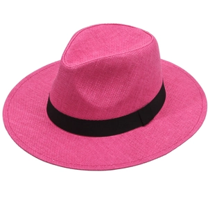 Pink straw fedora hat with wide flat brim and black ribbon for summer sun protection