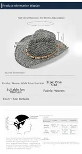 Size chart for cowboy straw hat showing 56-60cm adjustable circumference and 8cm brim