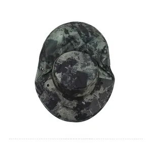 Top view of camouflage sun hat featuring a wide brim and protective neck flap cover