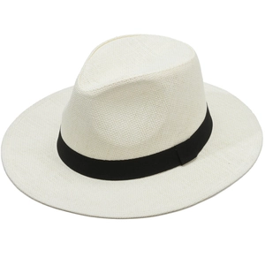 Classic white woven straw fedora hat with black ribbon band for summer beach sun protection
