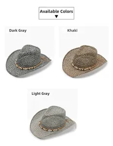 Straw cowboy hats in dark grey, khaki, and light grey with beaded ethnic shell bands