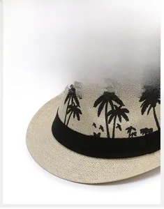 Detail of the palm tree pattern on straw panama hat with sun protection brim