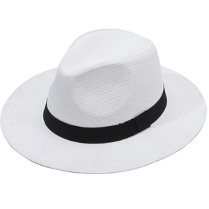 Breathable white woven straw cowboy hat with black ribbon band for sun protection