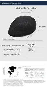 Size chart for breathable mesh ivy cap showing dimensions and head circumference guide