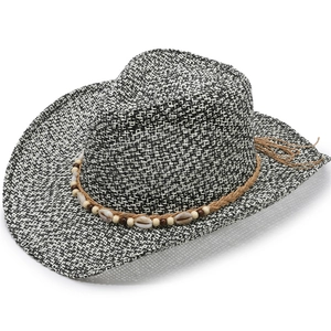 Straw cowboy sun hat with black and white weave and bohemian bead shell decoration