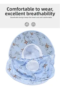 Détail du chapeau de soleil bleu avec filet respirant et motifs de papillons sombres