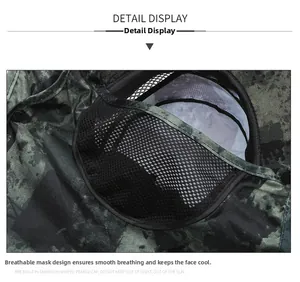 Detail of camouflaged fishing hat with breathable black mesh face mask for outdoors