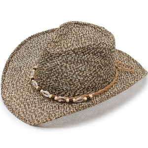 Brown woven straw cowboy hat with shell and wood bead trim for summer beach sun protection