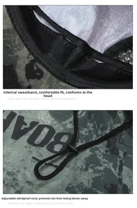 Detail of camouflage fishing hat featuring mesh sweatband and adjustable chin strap