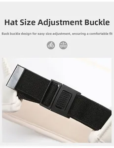 Detail of adjustable black elastic strap and plastic buckle on cream sun hat back